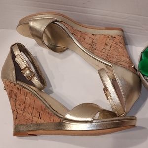 Lily Pulitzer Gold Leather Ankle Strap Wedge Heels